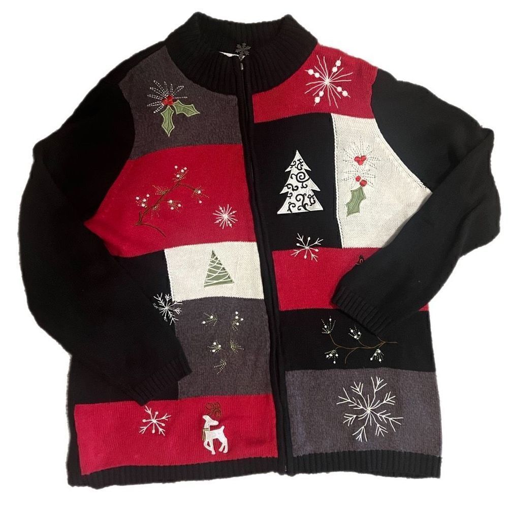 Christmas Cardigan with Zipper with Appliqués and Embroidery. Size 1X. Good Used